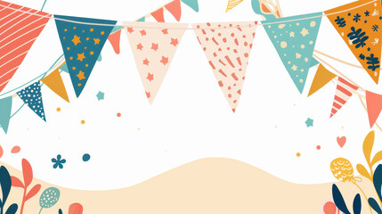 Obraz premium Illustration of colorful bunting flags hanging against a light background, perfect for festive celebrations and cheerful events.