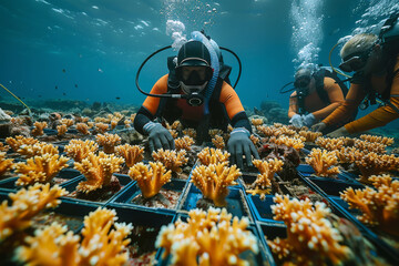 Group of divers meticulously restore vibrant coral reefs, nurturing marine life in a collaborative effort to preserve underwater ecosystems in a ocean setting