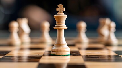 The King's Perspective: A lone chess king stands triumphant, embodying strategic brilliance and the thrill of victory on a classic wooden board. 
