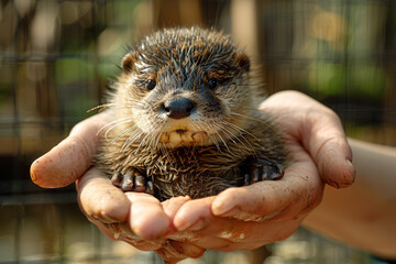 Volunteer cradles a tiny injured otter in muddy hands, providing comfort and care at a wildlife conservation center focused on rehabilitation and rescue of vulnerable animals