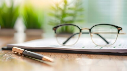 Fototapeta premium Clarity in Focus: Eyeglasses rest upon a contract, a pen poised nearby, hinting at important decisions and the clarity to make them.