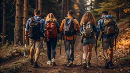 A group of people enjoying a hike in the mountains, walking through the woods, including families, couples, and friends