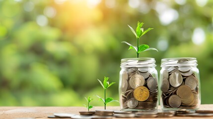 Growing Your Wealth: A visual metaphor for financial growth, with three glass jars filled with coins, each sprouting a small green plant, symbolizing the potential for prosperity and sustainable inves