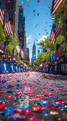 Fototapeta premium Street filled with colorful star-shaped confetti and American flags during a lively parade in a bustling city