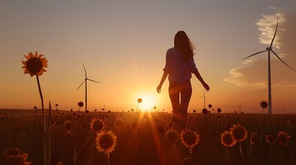 Golden Hour Serenity:  A young woman walks through a sunflower field at sunset, wind turbines in the distance, embracing the tranquility of nature's beauty.