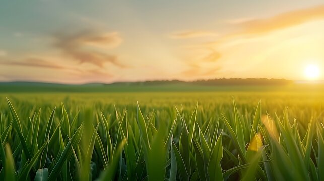 Golden Hour Meadow: A field of vibrant green grass stretches out toward a breathtaking sunset, casting a warm golden glow on the landscape.  The image evokes a sense of peace, tranquility, and the bea