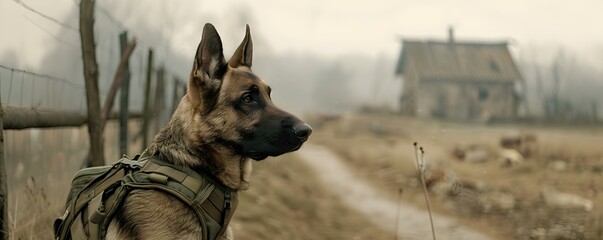 Military working dog wearing uniform and bulletproof vest. Rescue dog looking for injured people in ruins after war or earthquake. Police, guard, security dogs profession. K9 Veterans Day