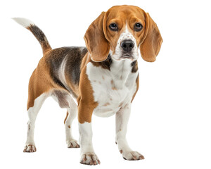 A brown and white dog with a black nose stands in front of a white background