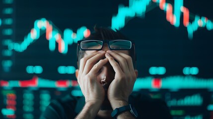 Market Meltdown: Despair and Exhaustion - A young trader, overwhelmed by the plummeting stock market, grapples with stress and anxiety. 
