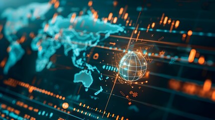 Obraz premium Global Connectivity: A Futuristic Perspective - A high-tech world map with glowing lines and data points, symbolizing global networks and digital transformation. 