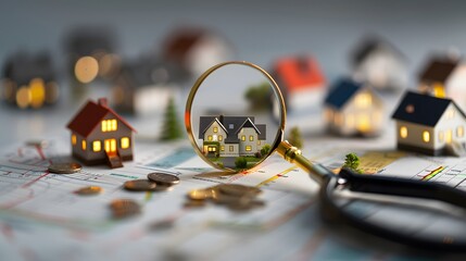 Finding the Perfect Place: A magnifying glass focuses on a miniature house amidst a neighborhood, symbolizing real estate searching, investment, and the quest for the ideal home. 