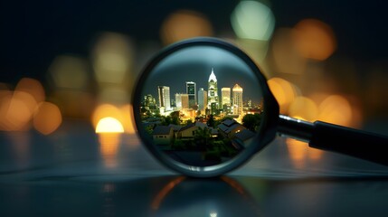 Cityscape Under the Lens: A captivating close-up of a miniature cityscape viewed through a magnifying glass, set against a backdrop of soft, warm bokeh lights. The image evokes a sense of wonder and c