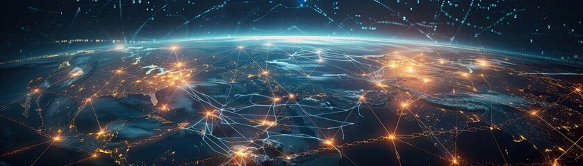 A global map with broken chains connecting key cities, illustrating supply chain disruptions, futuristic, 3D render, dark tones, glowing connections, high detail