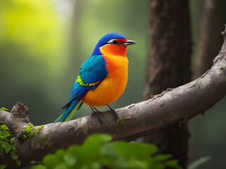 Obraz premium A colorful bird with blue, orange, and green plumage perched on a branch