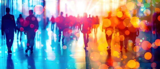 Abstract image of people walking in vibrant city lights, blending colors and creating a dynamic urban atmosphere with a bokeh effect.