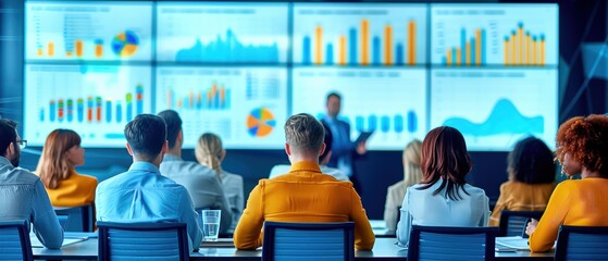 Business presentation in modern conference room with diverse team analyzing financial data on large screens.