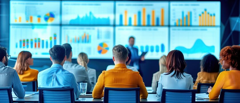 Business presentation in modern conference room with diverse team analyzing financial data on large screens.