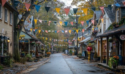 Fototapeta premium Quaint village street decorated with Oktoberfest festival flags.