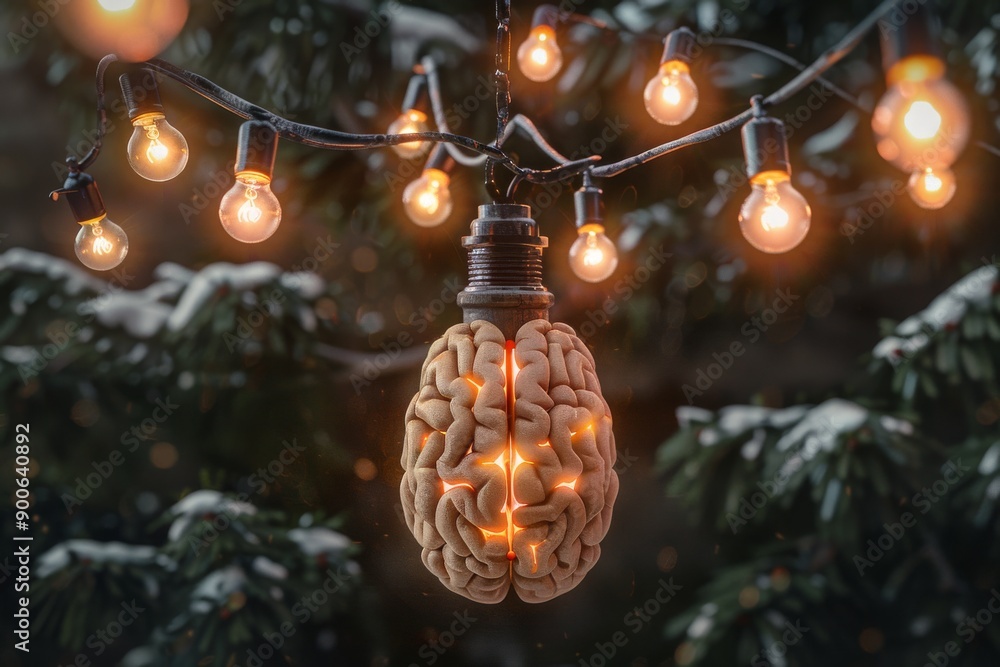 Poster brain with glowing nodes and neural connections hanging from festive lights