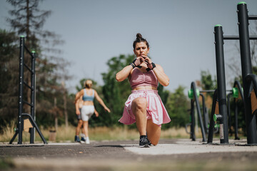 Woman performs an exercise in a park using outdoor fitness equipment, promoting a healthy lifestyle...