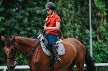 A young girl in a red shirt riding a horse at a ranch, showcasing outdoor equestrian sport and recreation.