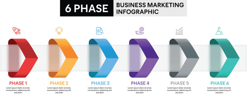 6 Step Arrow Shape Glassmorphism Infographic. Colorful Vector Illustration for Business Financial Report.