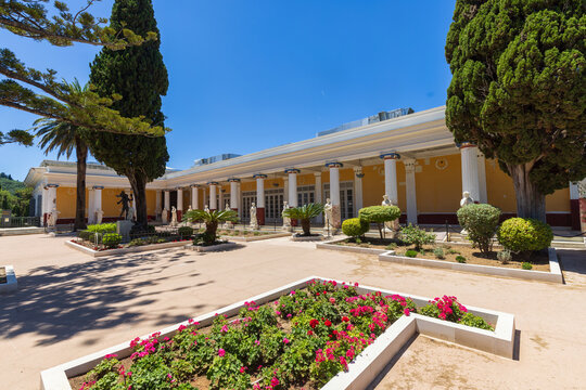Corfu, 10 June 2024: Ionian Islands of Greece Corfu. Hous from Sisi the achilleion