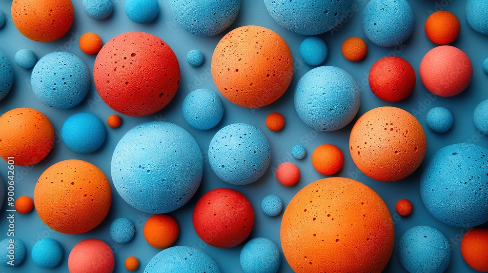 Wall mural   A collection of blue and orange spheres resting on a blue background with orange and blue balls underneath