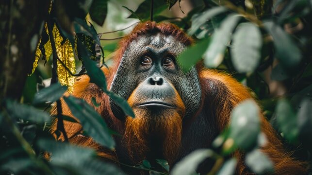 A large orange monkey is looking at the camera