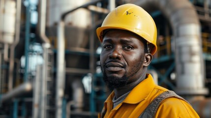 A man in a yellow safety helmet stands in front of a large industrial building