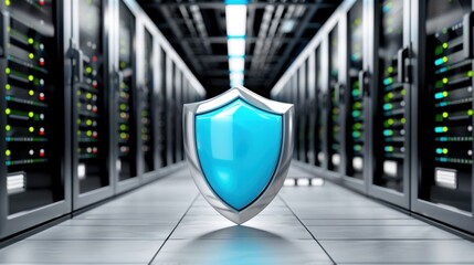 A blue shield symbolizing cyber security in a server room. Represents data protection, network security, and information safety in technology.