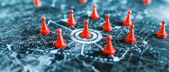 A detailed concept image of network connections or data points indicated by red markers on a digital map background.