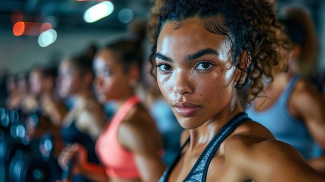 Photo of a group fitness class in a modern gym, with people engaging in high-intensity interval training, lifting weights, and encouraging each other