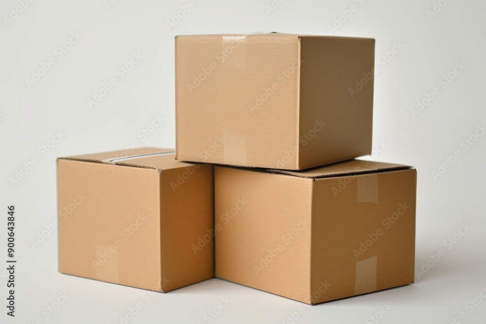 Poster three plain cardboard boxes arranged in a pyramid stack against a clean white backdrop