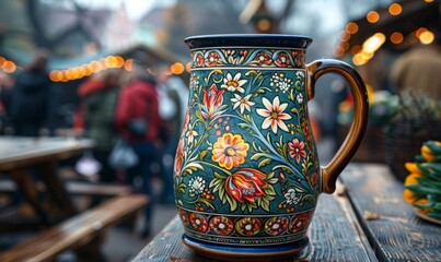 Hand-painted beer stein with intricate floral designs at the Oktoberfest festival.