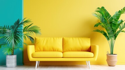 Bright, modern living room with a yellow sofa, green plants, and vibrant yellow and teal walls, creating a cheerful and stylish interior design.