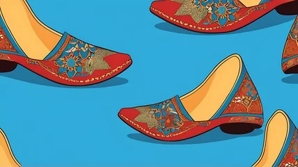 Fototapete Rund A pair of traditional Moroccan babouche slippers placed on a bright blue background, ideal for emphasizing cultural richness and comfort. © Riteek
