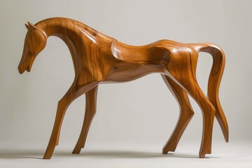 Elegant handcrafted wooden horse sculpture showcased against a simplistic, lightcolored backdrop