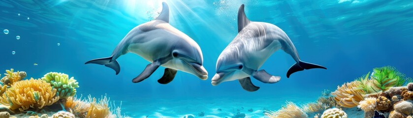 Fototapeta premium Two dolphins swimming together underwater in a vibrant coral reef, surrounded by colorful marine life in a serene ocean environment.