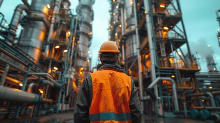 Fototapeta premium Industrial Worker in Safety Gear Observing Large Oil Refinery Plant at Dusk with Illuminated Structures and Complex Machinery