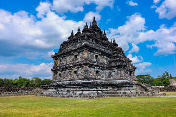 Plaosan temple or plaosan Hindu temple under clear blue sky and beautiful clouds