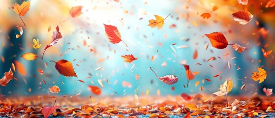 Vibrant autumn leaves falling gracefully against a colorful backdrop, capturing the essence of the fall season with warm and vivid colors.