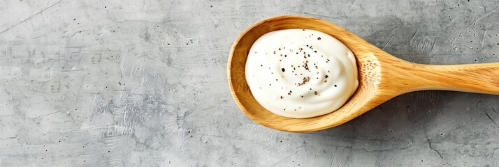 Wooden spoon filled with creamy white sauce on a textured gray background. Perfect for culinary, recipe or cooking concepts.