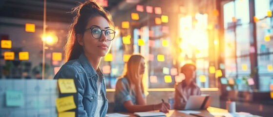 Young professionals collaborating in a modern office, brainstorming ideas with post-its and laptops, during sunset.