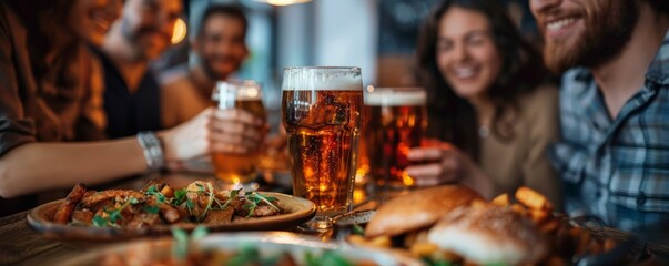 Group of friends enjoying a meal of hearty dishes and refreshing beer.