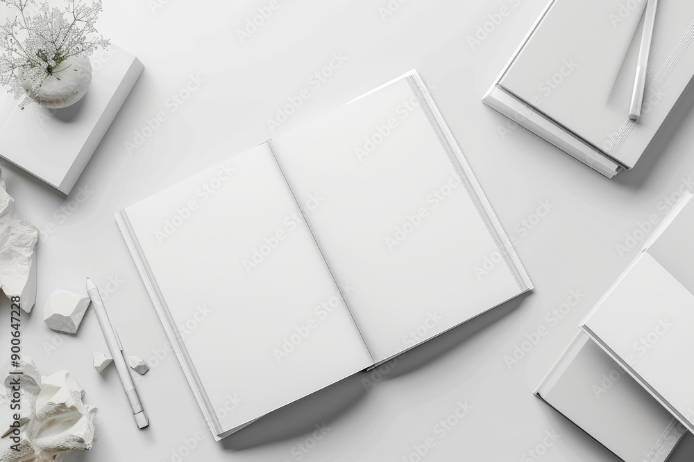 Aufkleber top view of a neat desk with an open notebook, stationery, and decorations in a monochrome setting