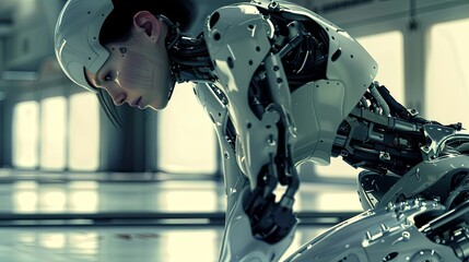 Fototapeta premium Biomechanical Female in Crouching Position Among Metallic Surfaces at Dusk