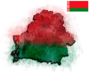 BELARUS MAP WITH ITS REGIONS AND POLITICAL ADMINISTRATIVE DIVISIONS WITH FLAG WATERCOLOR STYLE
