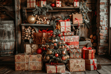 Obraz premium Christmas Gift Boxes in Cozy rustic Scene