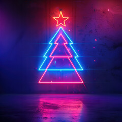 Glow neon Christmas tree on dark cement wall, blinking fir tree light sign, interior night club,...